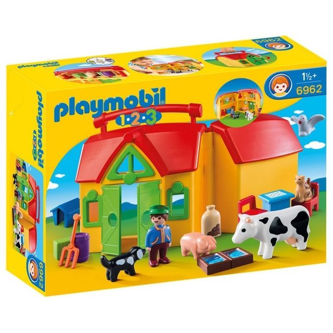 Playmobil Fattoria Portatile 1.2.3. Confezione gialla con manico rosso, raffigurante una casa gialla con tetto rosso e porte verdi. Include personaggi e animali: mucca, maiale, cane, contadino. Età consigliata: 1 anno e mezzo +. Include accessori.