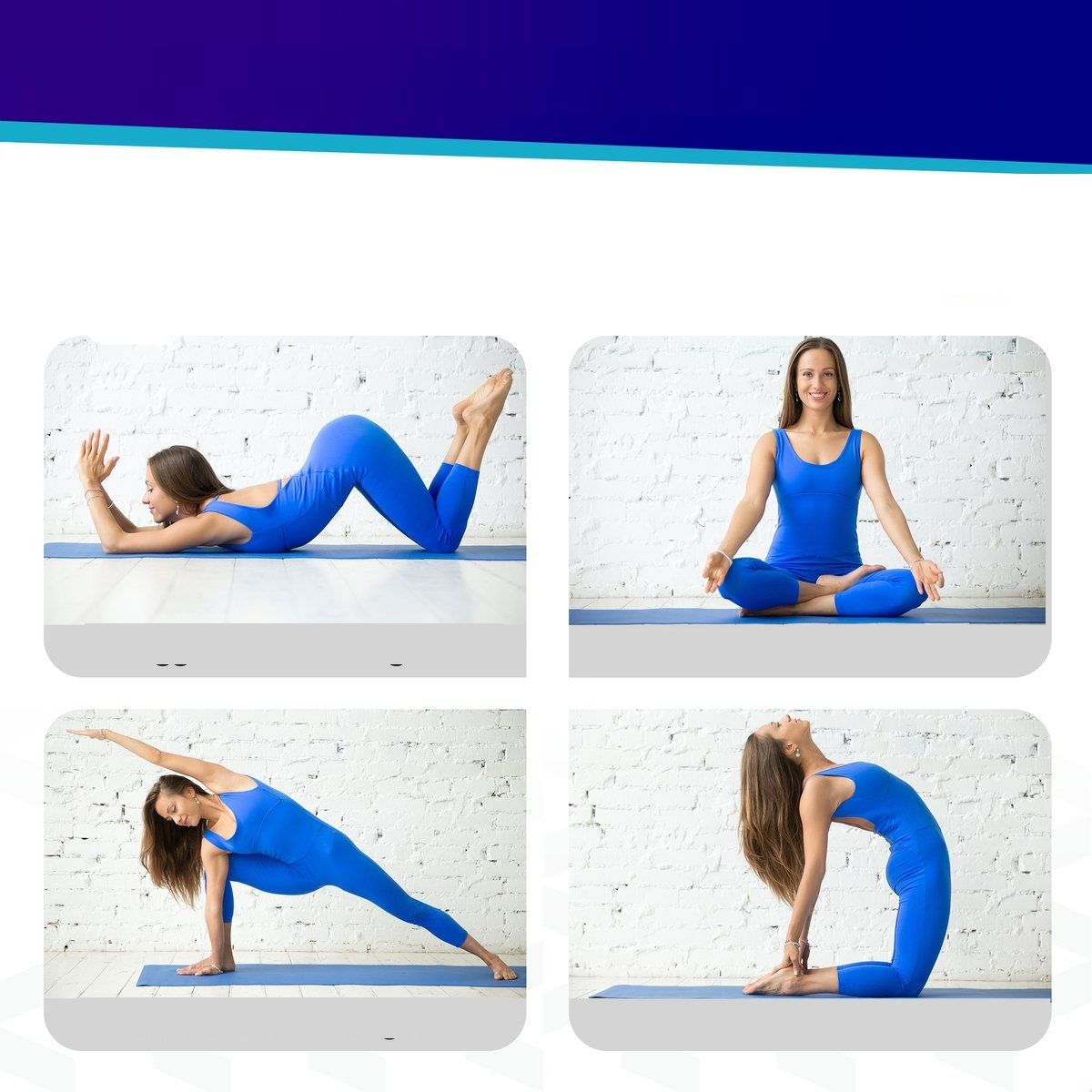 Vier Yoga-Posen auf blauem Tuch. Frau in blauem Outfit.