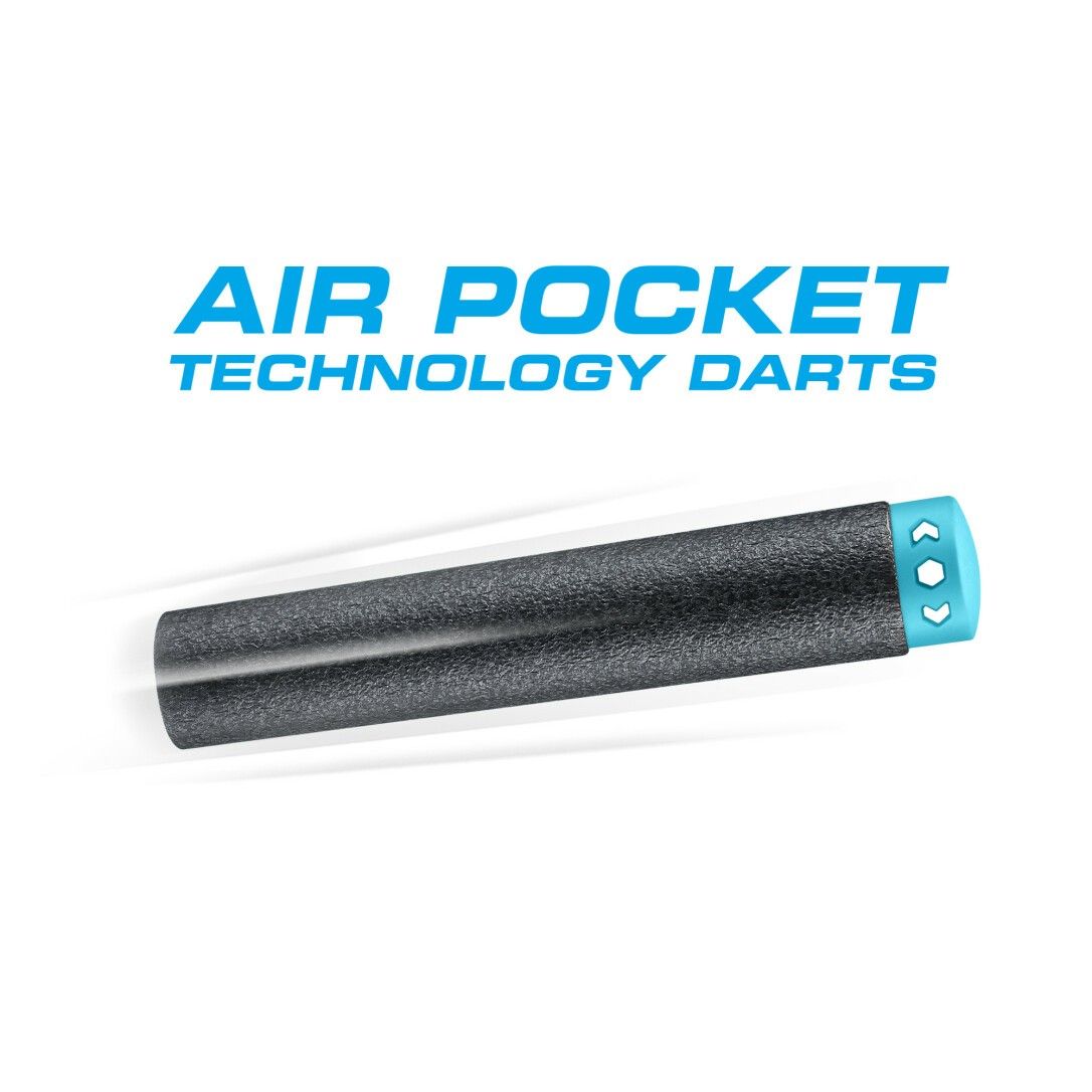Einzelner X-Shot Air Pocket Technology Dart. Schwarzer Dart mit blauer Spitze. Text: Air Pocket Technology Darts.