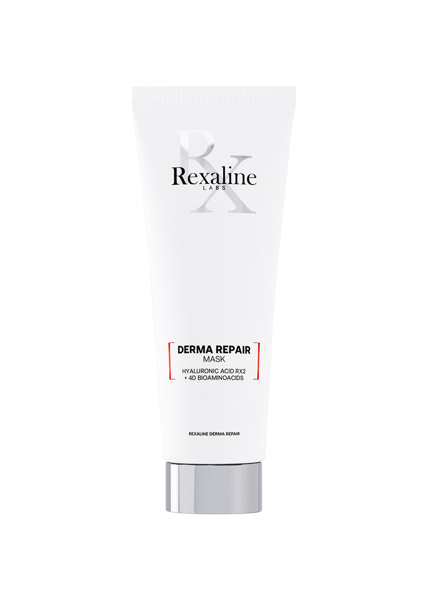 Weiße Tube mit Rexaline-Logo und Schriftzug "Derma Repair Mask". Silberfarbener Verschluss. Text: Hyaluronsäure RX2 + 40 Bioaminosäuren.