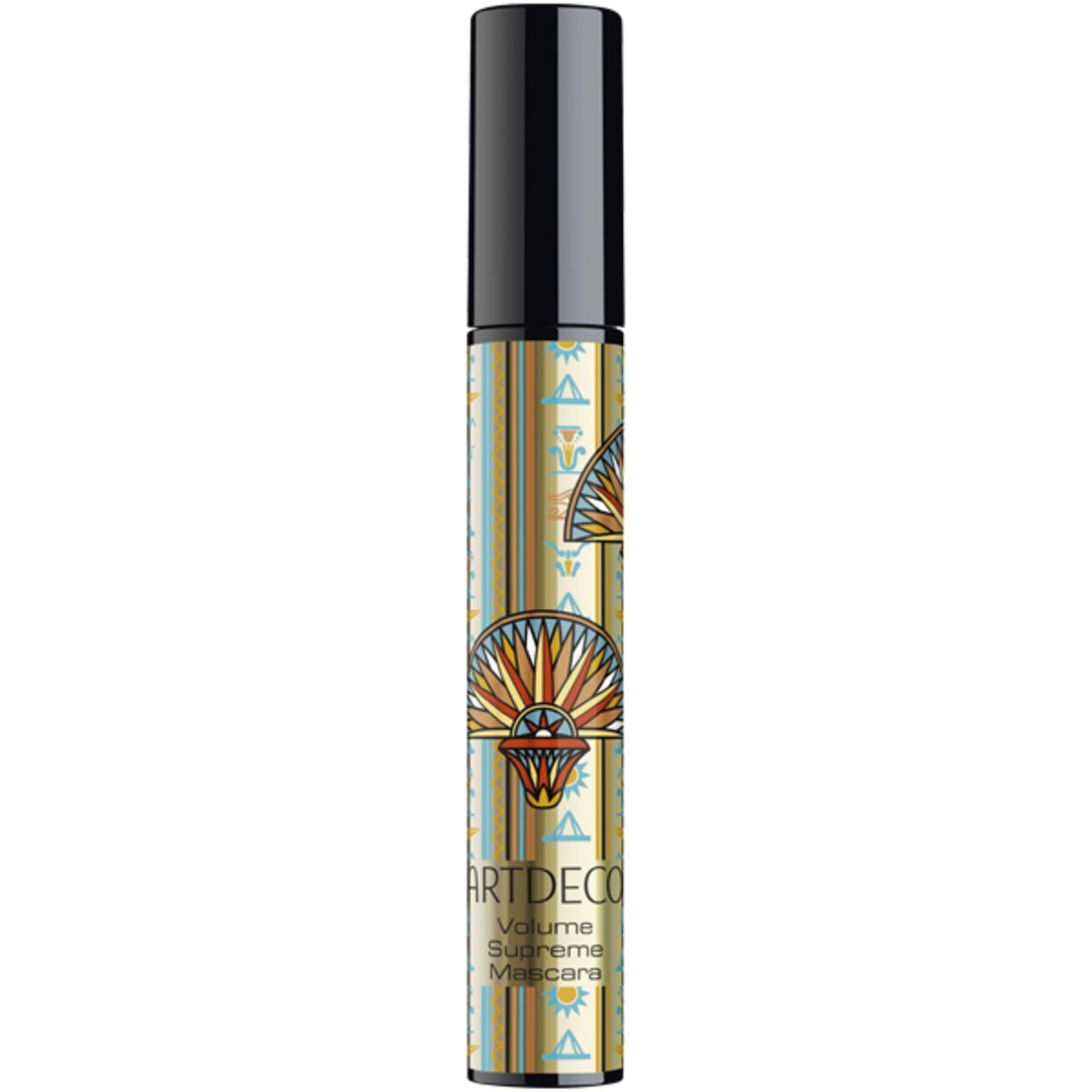 Artdeco Volumen Supreme Mascara. Goldfarbene Hülse mit Muster. Schwarze Kappe.
