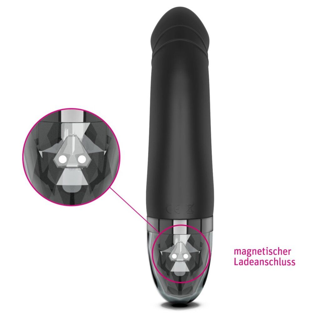 Schwarzer eStim-Vibrator. Detailansicht des transparenten Sockels mit magnetischem Ladeanschluss.