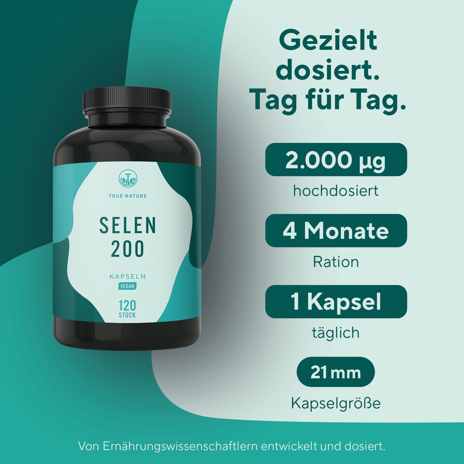TRUE NATURE Selen 200 Kapseln: Schwarze Dose mit Etikett, zeigt 120 vegane Kapseln. Enthält Informationen zur Dosierung und Kapselgröße.