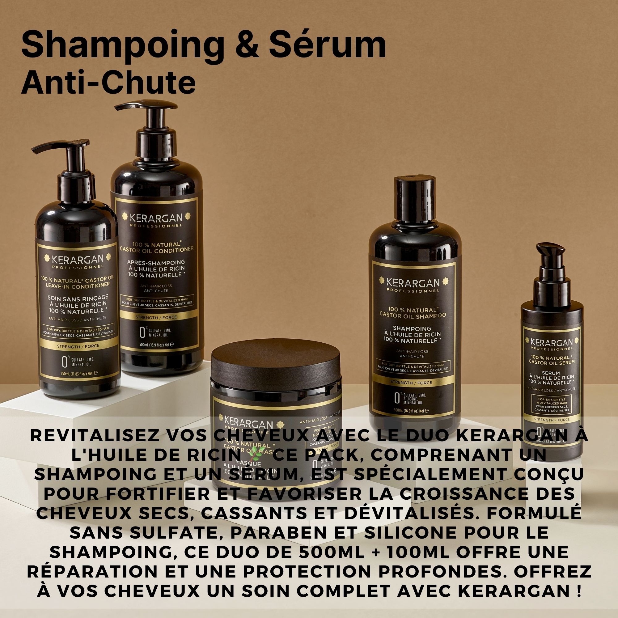Plusieurs produits Kerargan. Flacons noirs et un pot. Texte : Kerargan, Anti-Chute. Pack Duo.