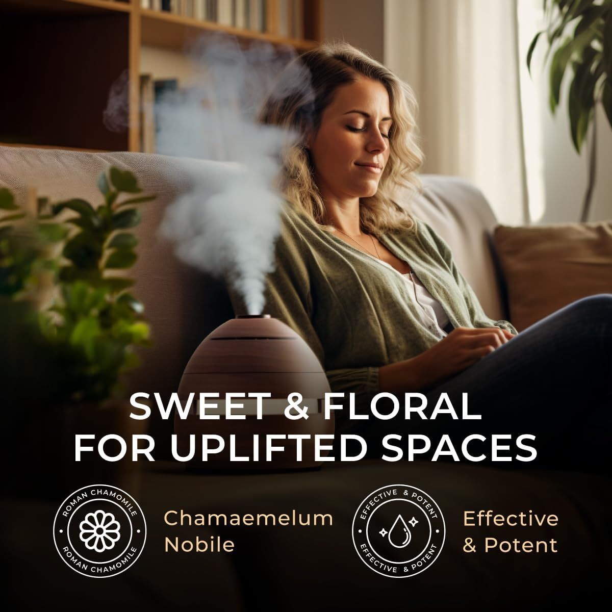 Diffusor mit Dampf, Frau auf Sofa. Text: Süß & Blumig für erhebende Räume. Symbole: Kamille, Tropfen.