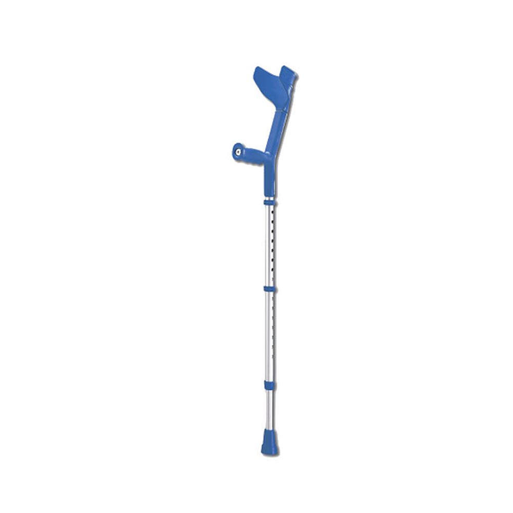 Blau-silberne Unterarmstütze. Ergonomischer Griff, höhenverstellbar. Aluminium-Konstruktion mit Gummifuß.