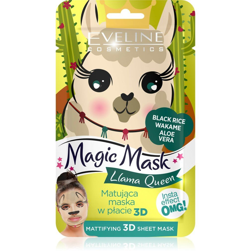 Gesichtsmaske mit Lama-Motiv. Verpackung mit Produktnamen und Inhaltsstoffen. Enthält schwarzer Reis, Wakame und Aloe Vera.