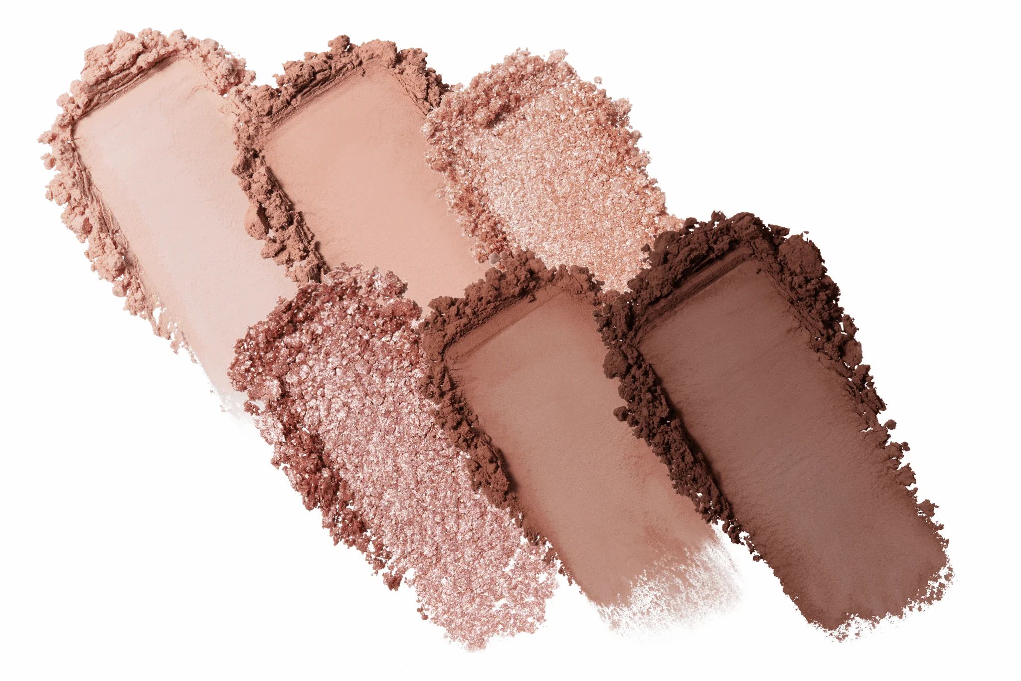 Sechs Lidschatten-Swatches in verschiedenen Brauntönen und Schimmer-Effekten auf weißem Hintergrund.