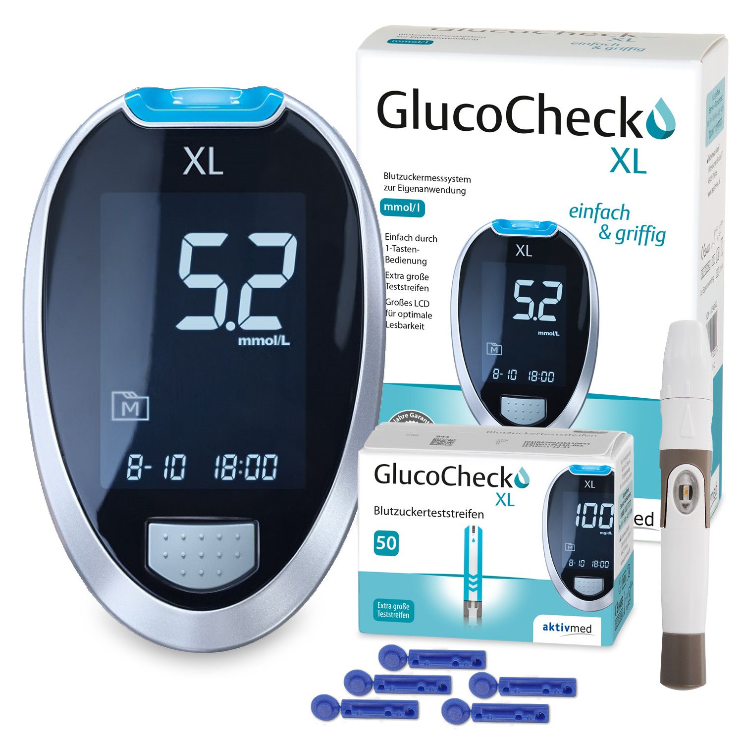 Blutzuckermessgerät, Teststreifen und Stechhilfe. Gerät mit großem Display, Anzeige 5.2 mmol/L. Verpackung mit Produktnamen.