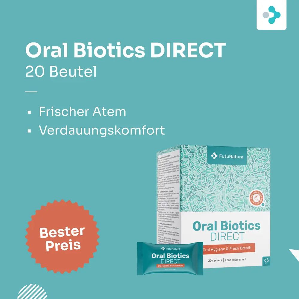 Produktpackung und Beutel. Text: Oral Biotics DIRECT, frischer Atem, Verdauungskomfort. Text: Bester Preis.