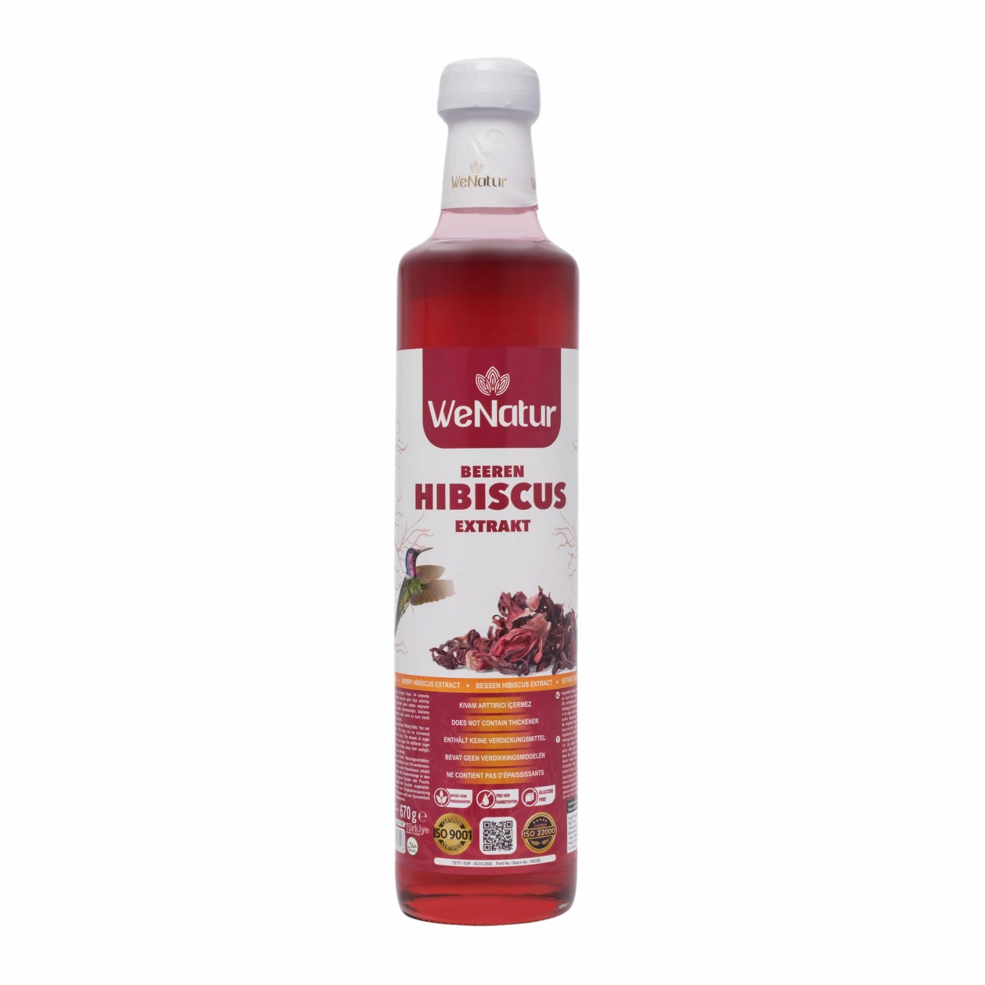 Flasche mit roter Flüssigkeit. Aufschrift: WeNatur Beeren Hibiskus Extrakt. Weißer Verschluss. Etikett mit Produktinformationen.
