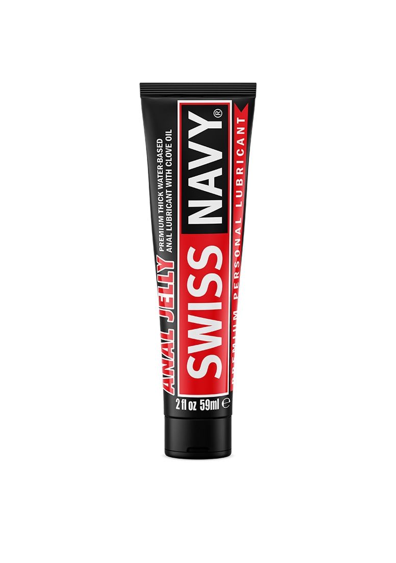 Tube mit schwarzem Deckel. Aufschrift: Swiss Navy, Anal Jelly, 59ml. Rote und weiße Schrift.