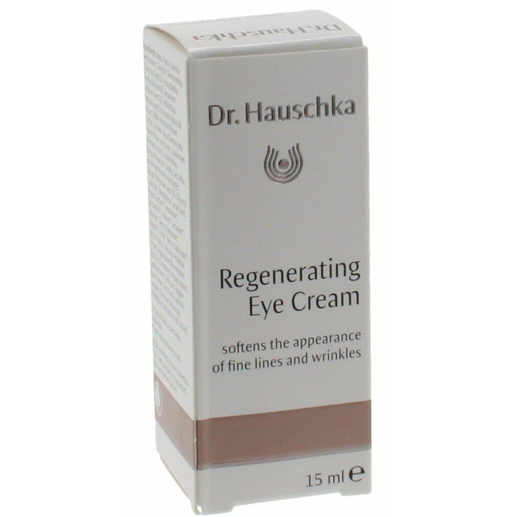 Karton mit Aufschrift: Dr. Hauschka, Regenerating Eye Cream. Text: softens the appearance of fine lines and wrinkles. 15 ml e.