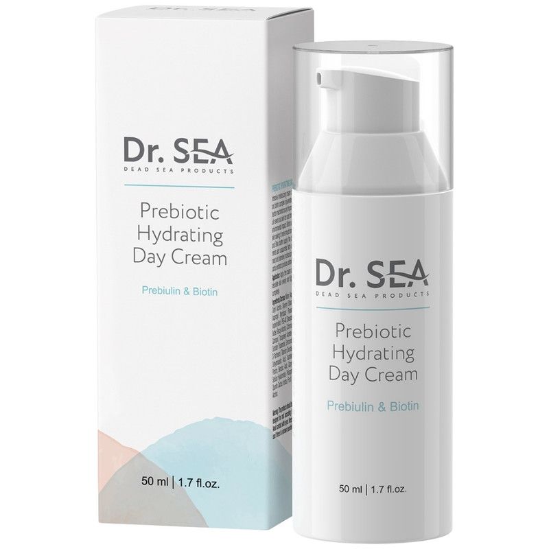 Flacon blanc avec pompe et boîte. Inscription : Dr. Sea, Prebiotic Hydrating Day Cream, Prebiulin & Biotin. 50 ml / 1.7 fl.oz.