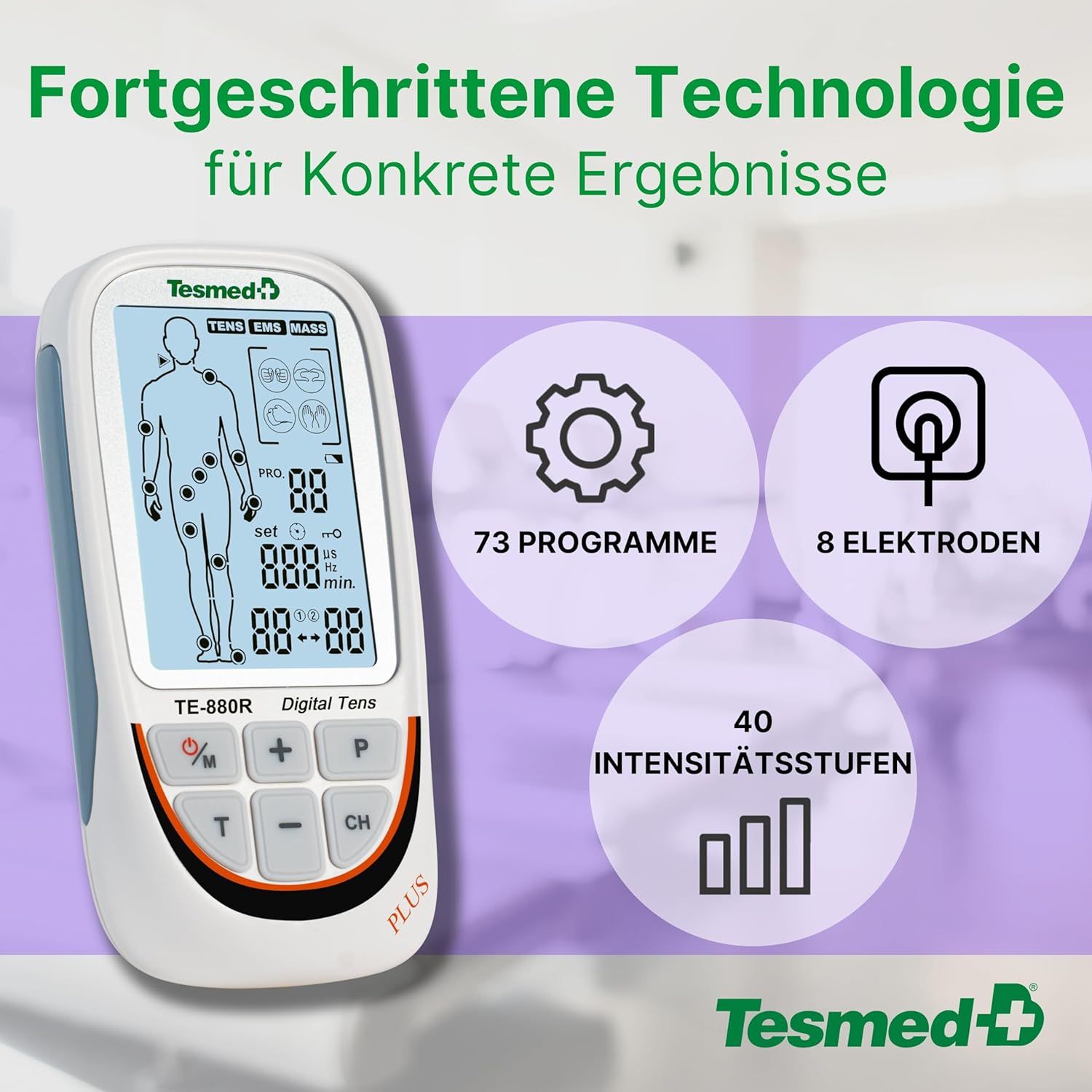 TESMED TE-880R Plus Wiederaufladbarer Muskelelektrostimulator, TENS,73 Programme Schmerztherapie