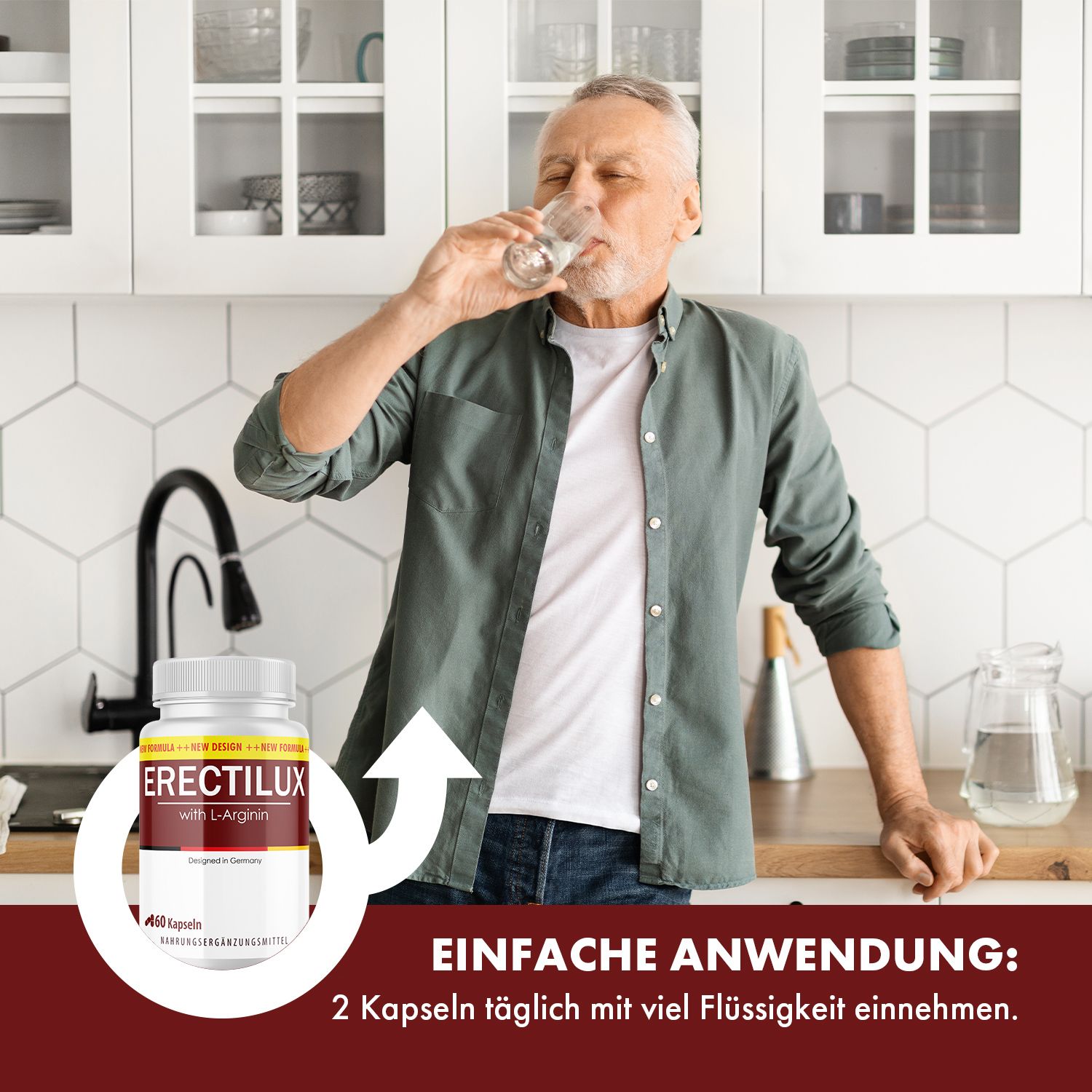 Mann trinkt Wasser. Flasche mit Kapseln im Vordergrund. Text: EINFACHE ANWENDUNG: 2 Kapseln täglich mit viel Flüssigkeit einnehmen.