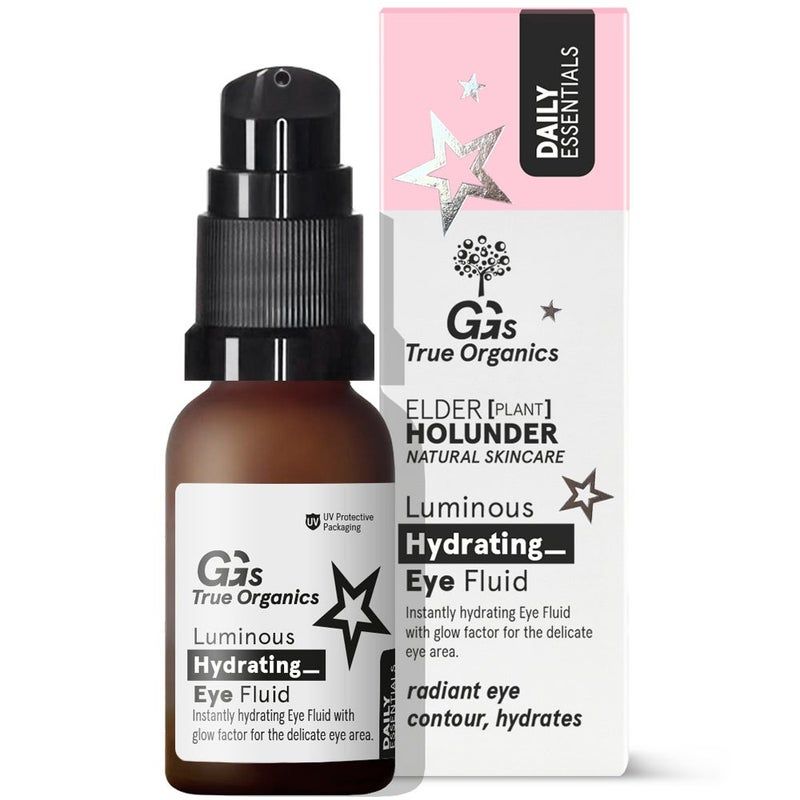 Braune Glasflasche mit schwarzem Pumpkopf und weißer Verpackung. Aufschrift: Luminous Hydrating Eye Fluid. Marke: GGs True Organics.