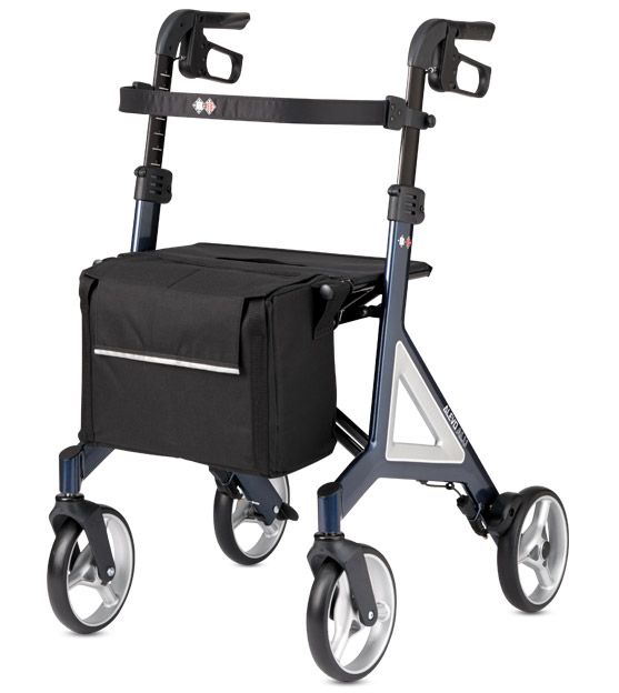 Rollator mit vier Rädern, schwarzem Sitz und Tasche. Blaue Rahmenkonstruktion.