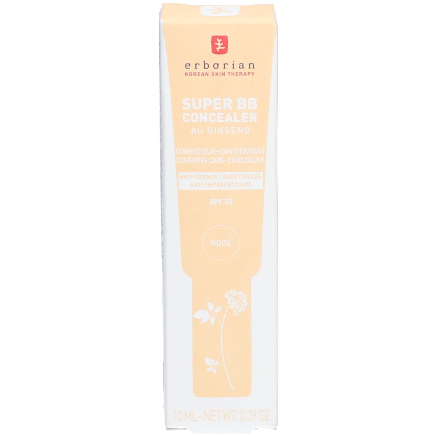 Verpackung für Concealer. Marke: Erborian. Aufschrift: SUPER BB CONCEALER AU GINSENG. Farbton: NUDE. 10 ml.
