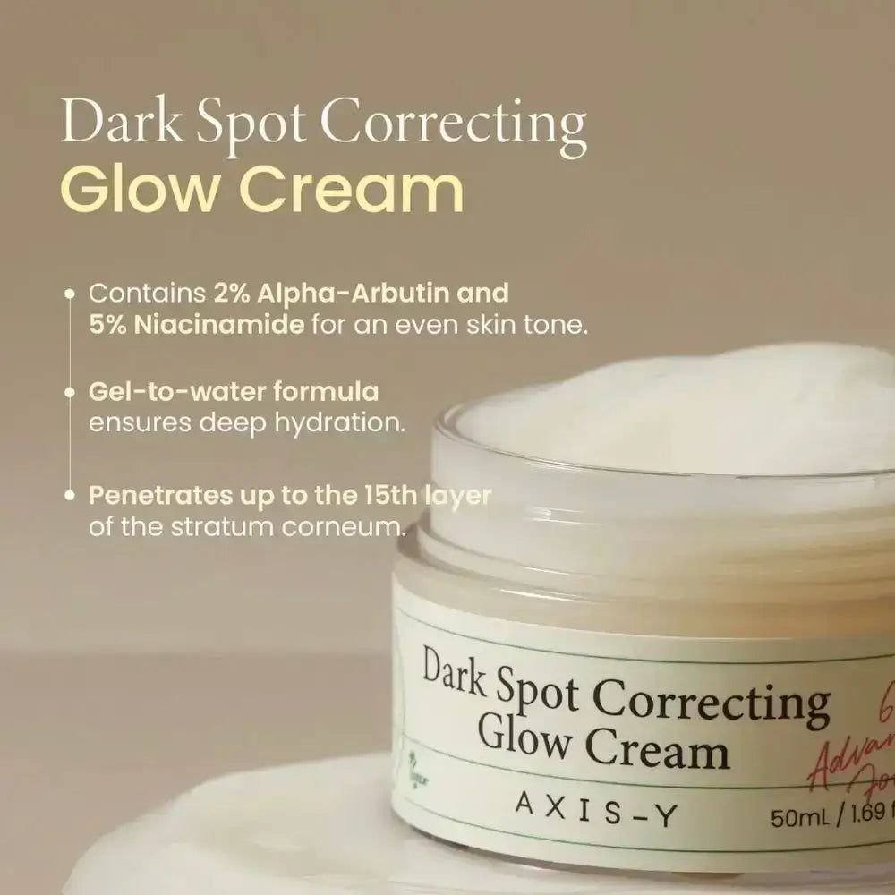 Tiegel AXIS-Y Dark Spot Correcting Glow Cream mit Produkt. Text: 2% Alpha-Arbutin, 5% Niacinamid. Vegan-Siegel.