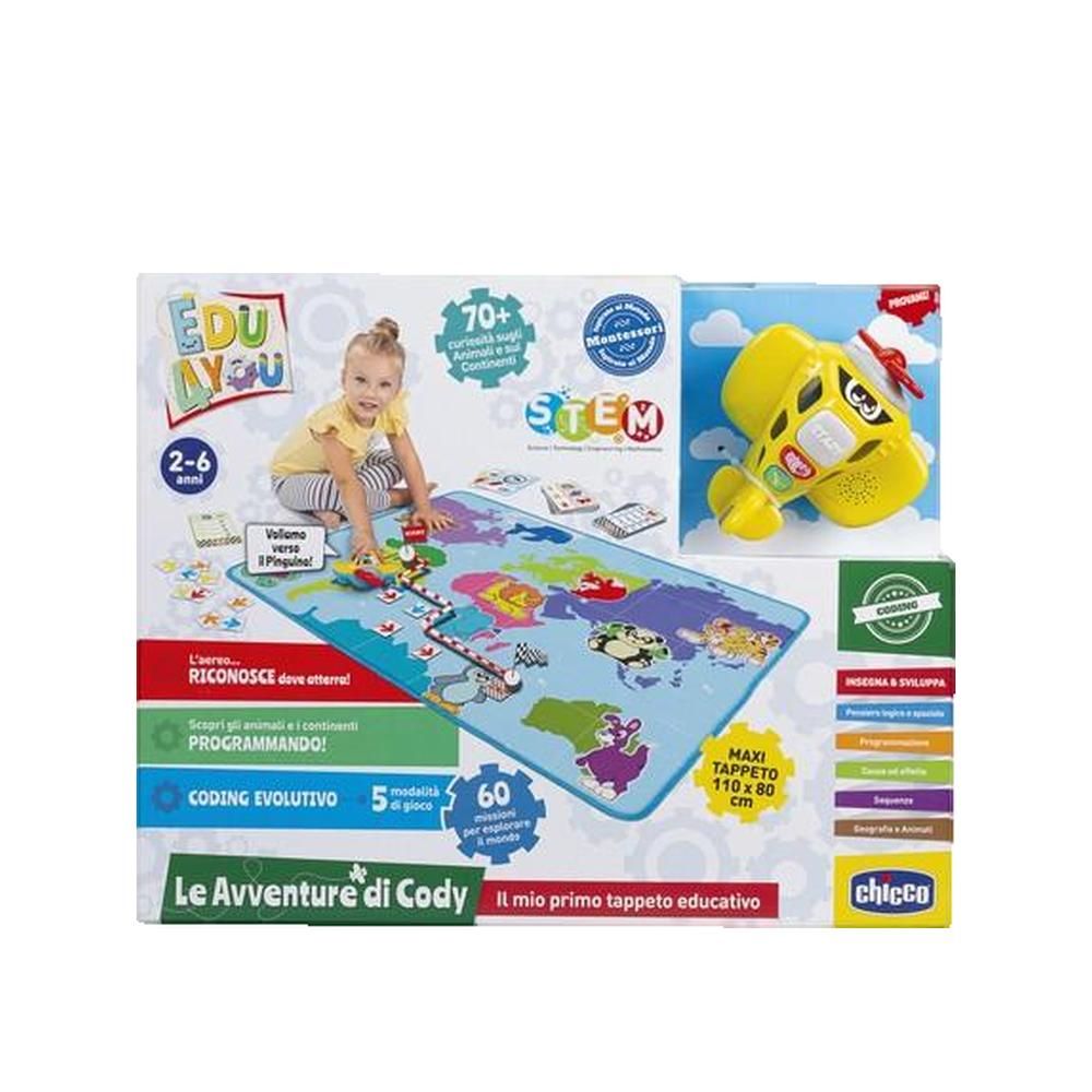 Verpackung mit Spielzeugflugzeug. Enthält eine Spielmatte mit Weltkarte, ein gelbes Flugzeug und Zubehör. Das Produkt ist für Kinder von 2-6 Jahren geeignet.