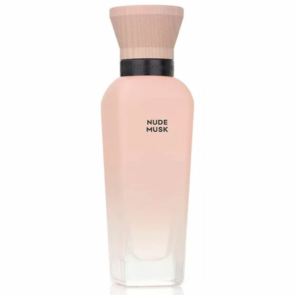 Parfümflasche mit Holzdeckel, schwarzem Ring und rosa Flüssigkeit. Produktname auf der Flasche.