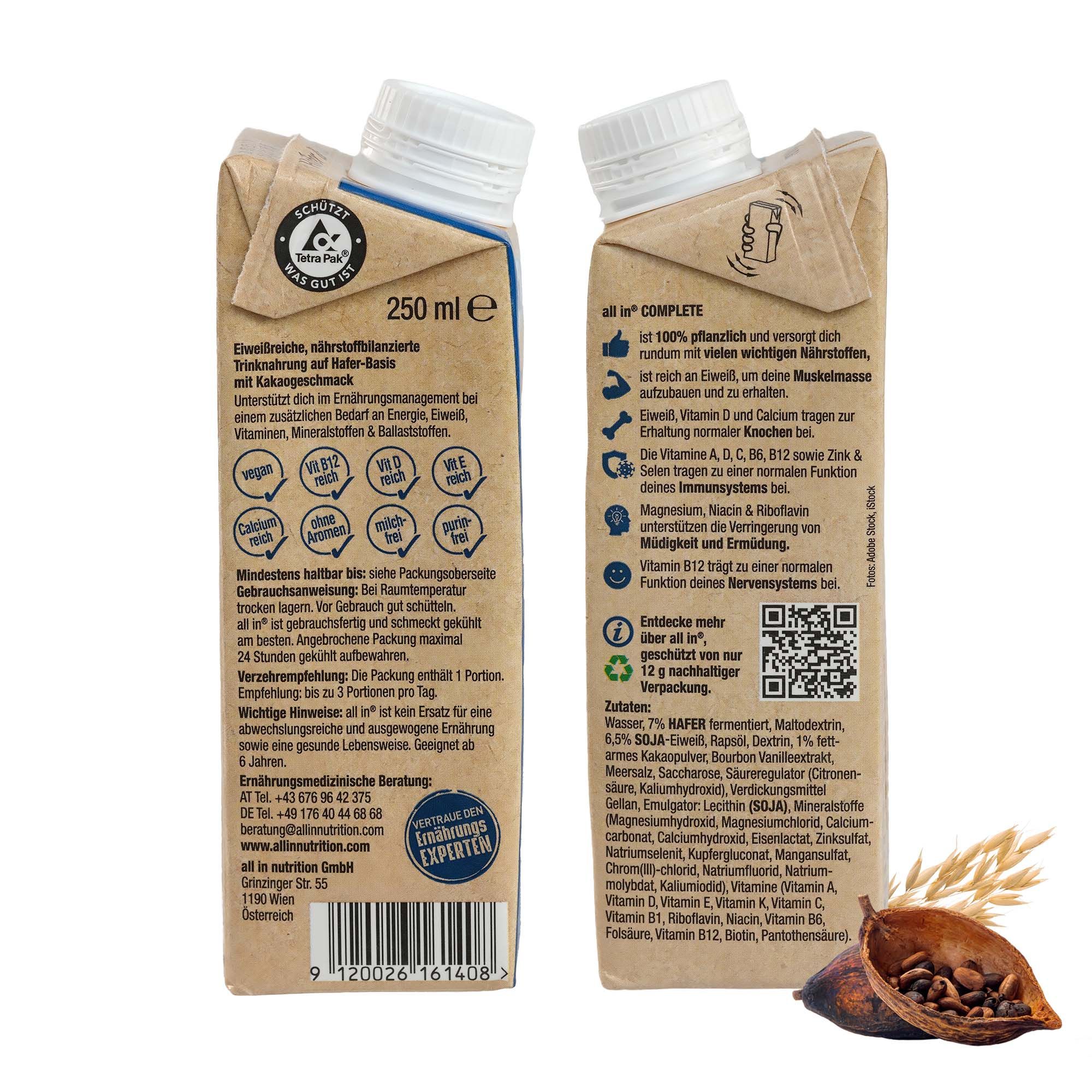 Rückseite und Vorderseite einer all in® COMPLETE VEGAN Protein Mahlzeit Hafer & Kakao Packung, 250 ml.