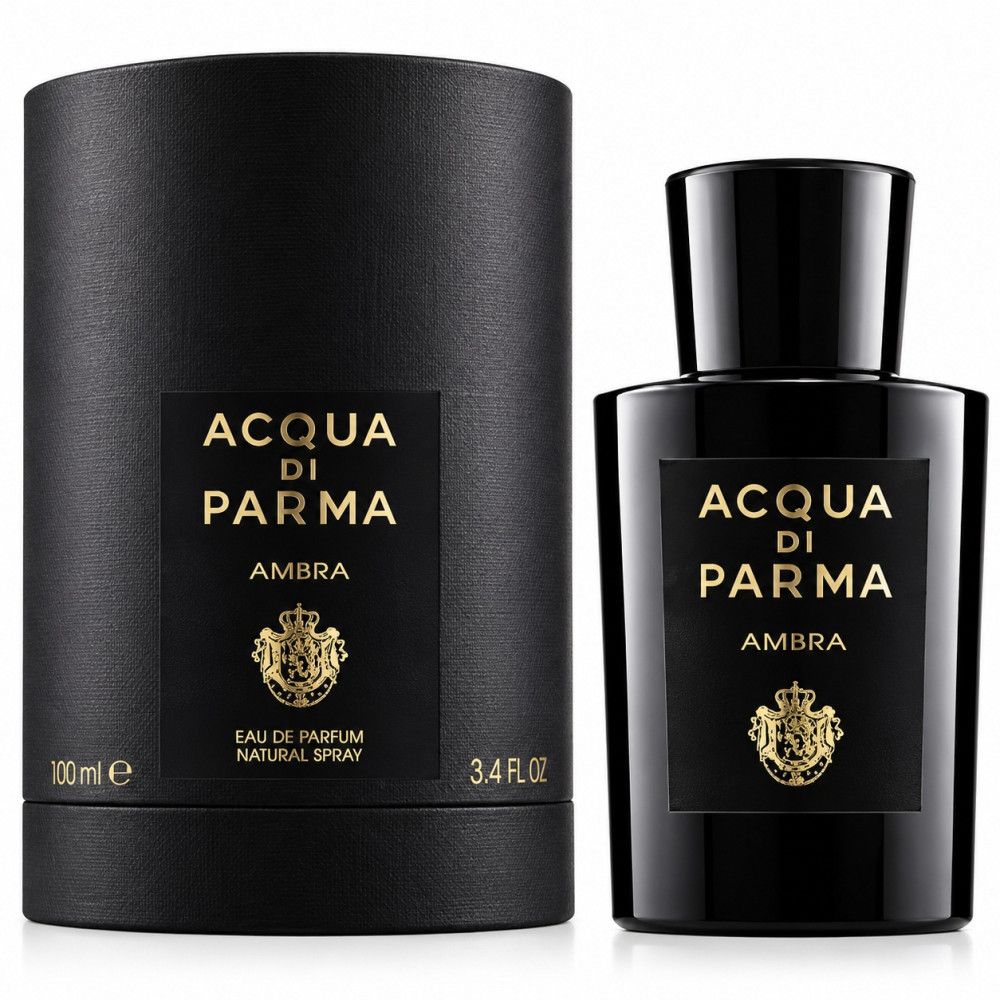 Acqua di Parma Ambra Eau de Parfum Flakon und Dose. Schwarzes Glas, goldene Schrift.