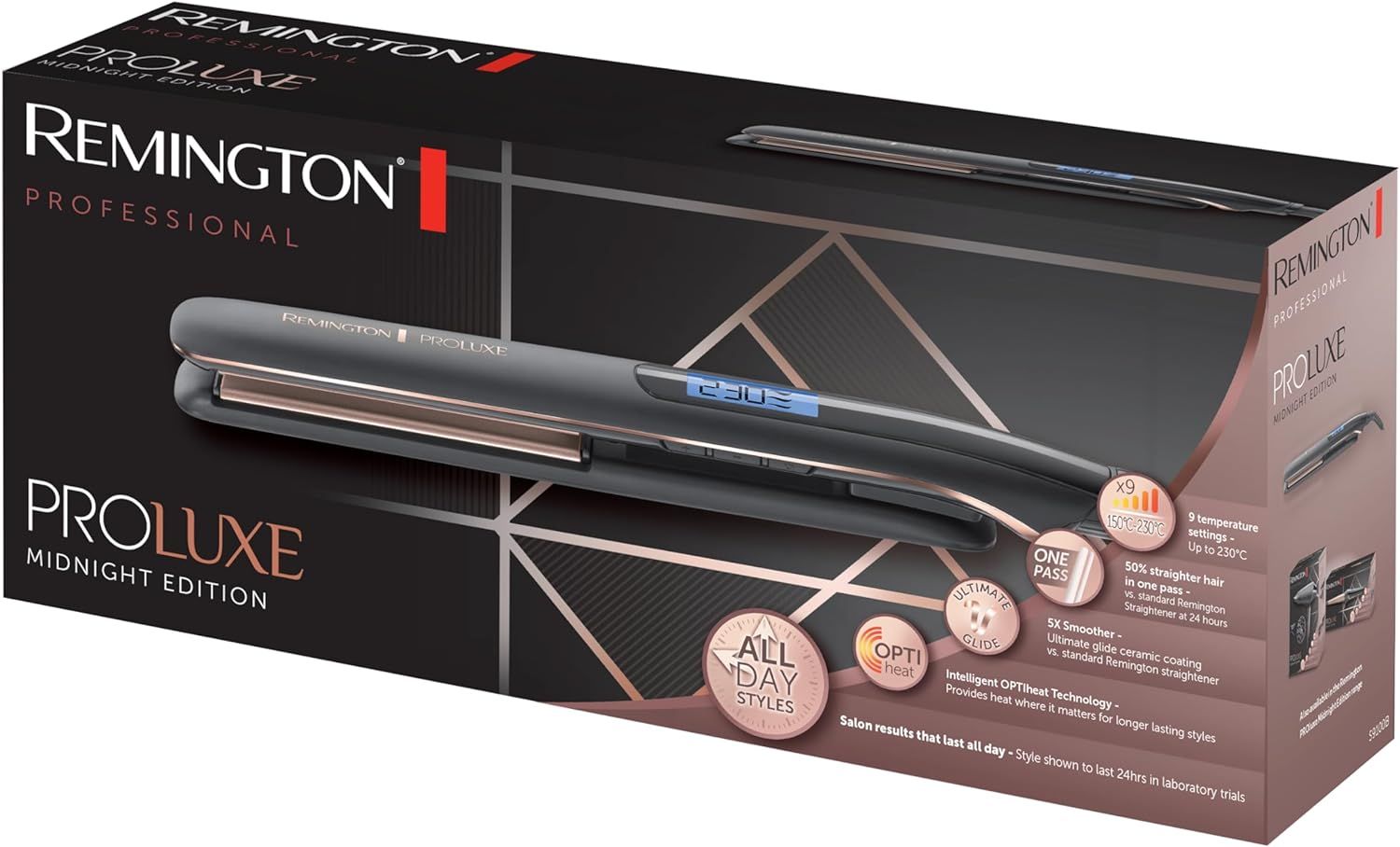 Verpackung für Remington PROLuxe Midnight Edition Glätteisen. Schwarzer Karton mit Produktbild und Logos.