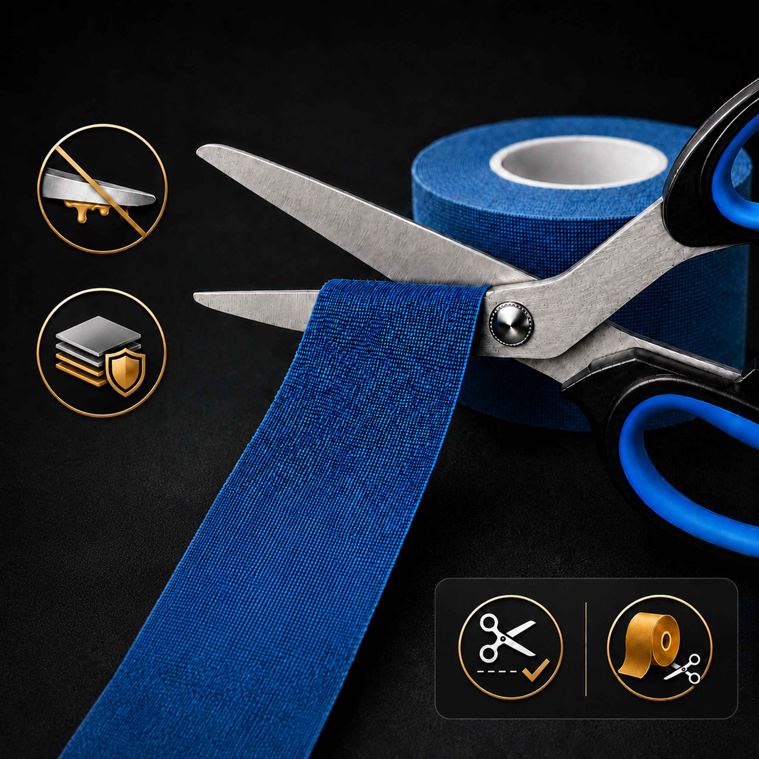 Schere schneidet blaues Kinesiologie-Tape. Icons zeigen Präzision und Materialschutz.