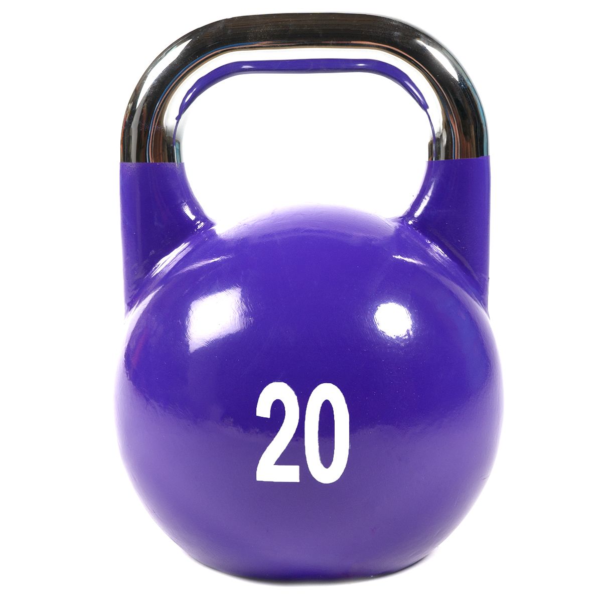 Violette Gusseisen-Kettlebell mit silbernem Griff und weißer '20'. Fitnessgerät für Krafttraining.