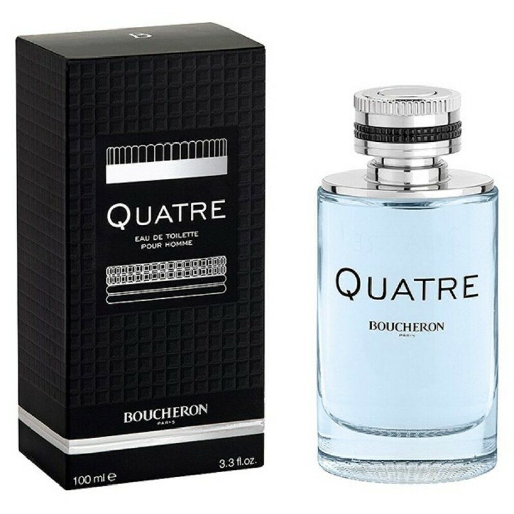 Quatre Eau de Toilette Spray Flakon und Verpackung. Schwarze Verpackung mit weißem Logo. Flakon mit silbernem Verschluss.
