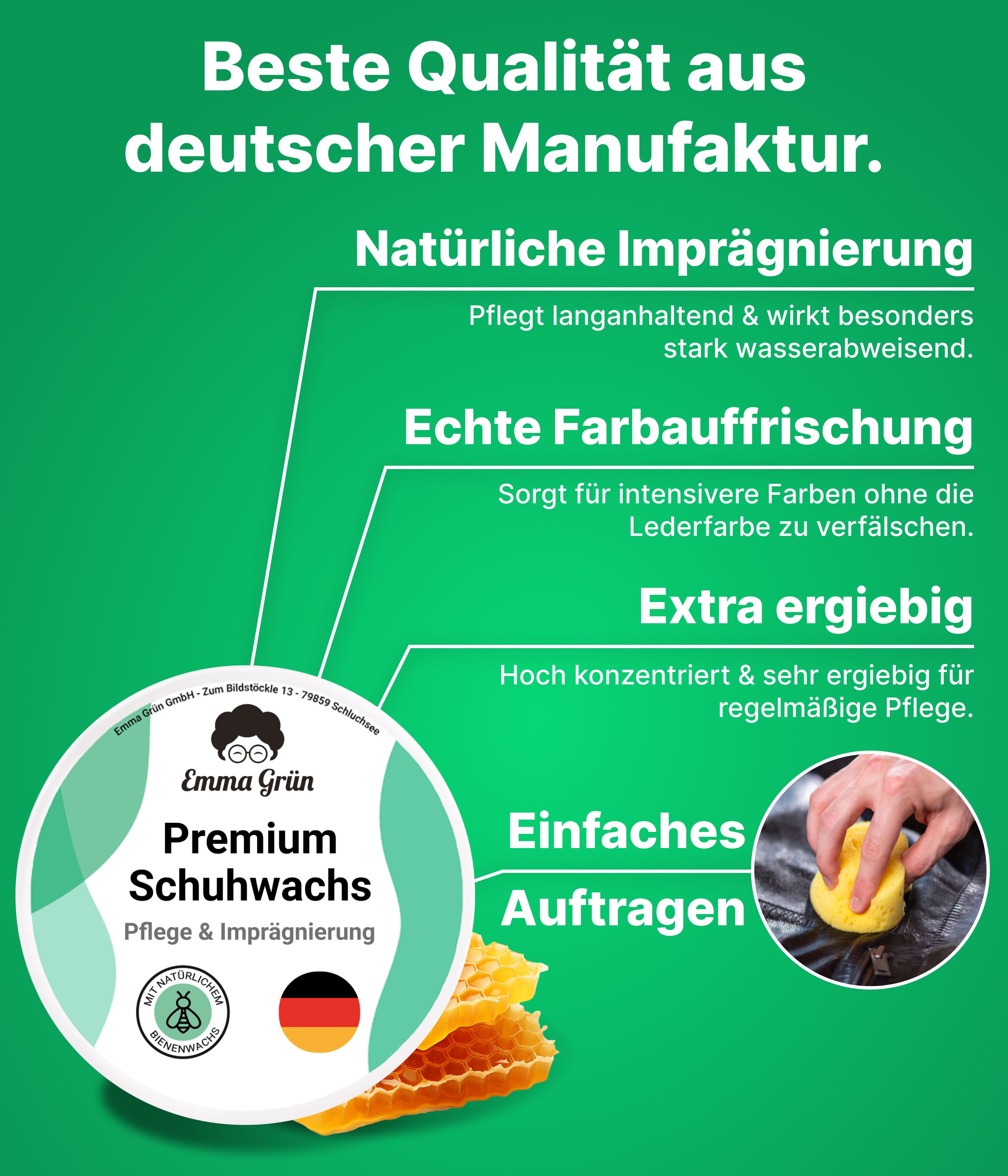 Text mit Produktmerkmalen: Beste Qualität, natürliche Imprägnierung, Farbauffrischung, extra ergiebig, einfaches Auftragen. Dose Schuhwachs.