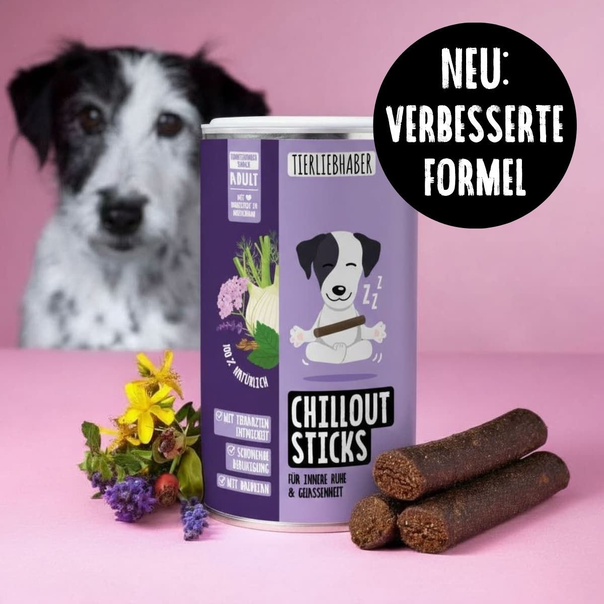 Produktverpackung und Chillout Sticks vor pinkem Hintergrund. Schwarzer Kreis mit Text: "NEU: VERBESSERTE FORMEL". Hund im Hintergrund.