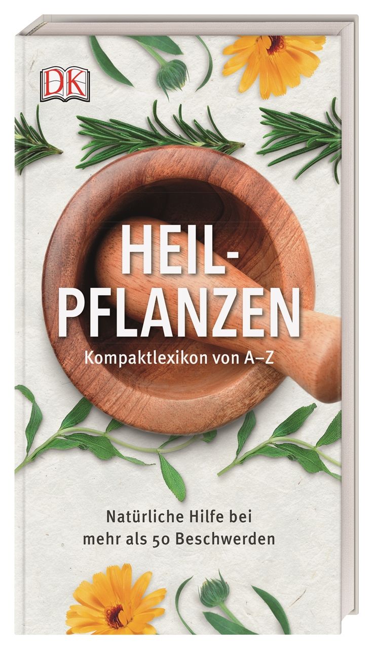 Buchcover mit Titel: Heilpflanzen Kompaktlexikon von A-Z. Logo DK. Abbildung von Mörser und Kräutern.