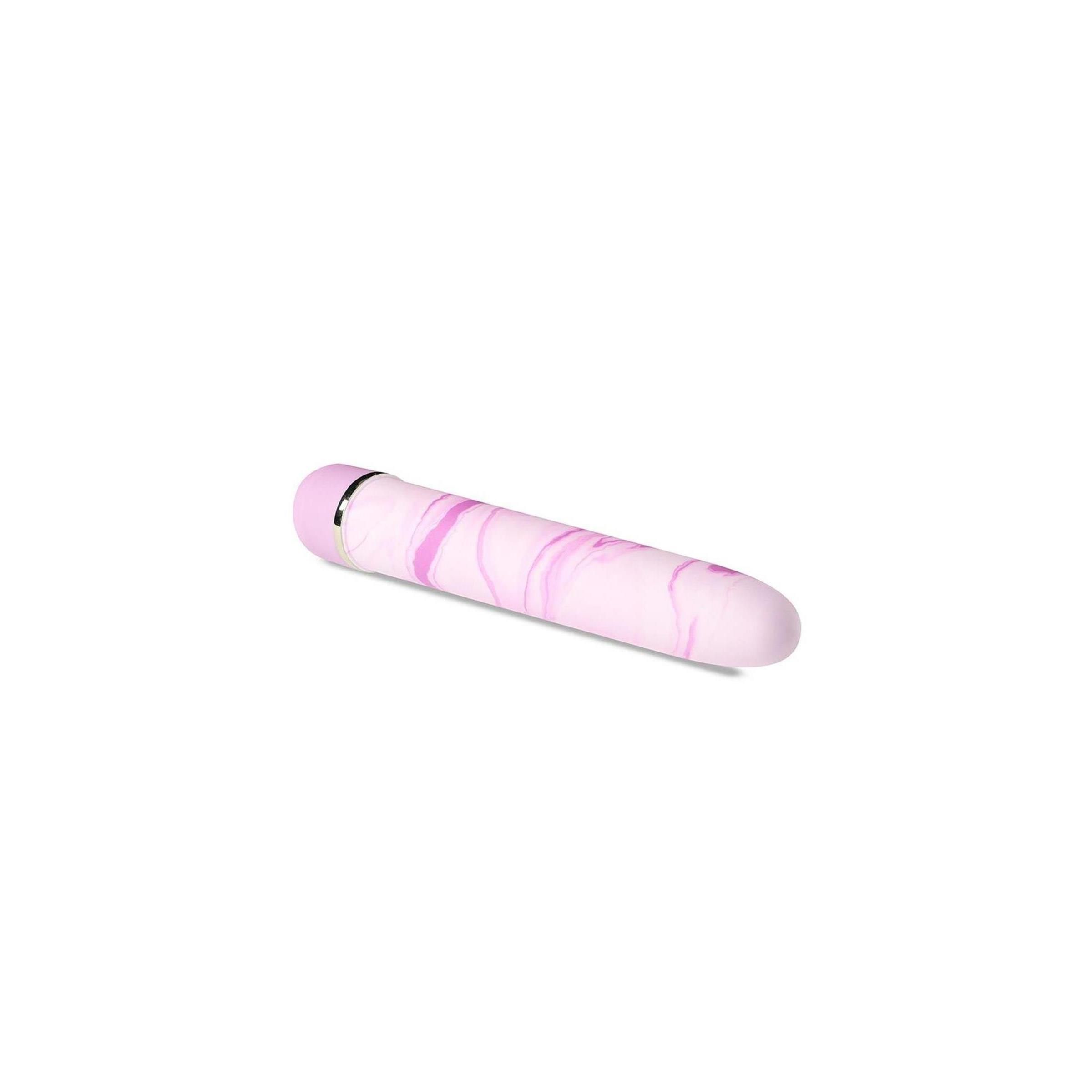 Zylindrisches Wellness-Produkt mit rosa Marmormuster. Silberfarbener Ring am Ende.