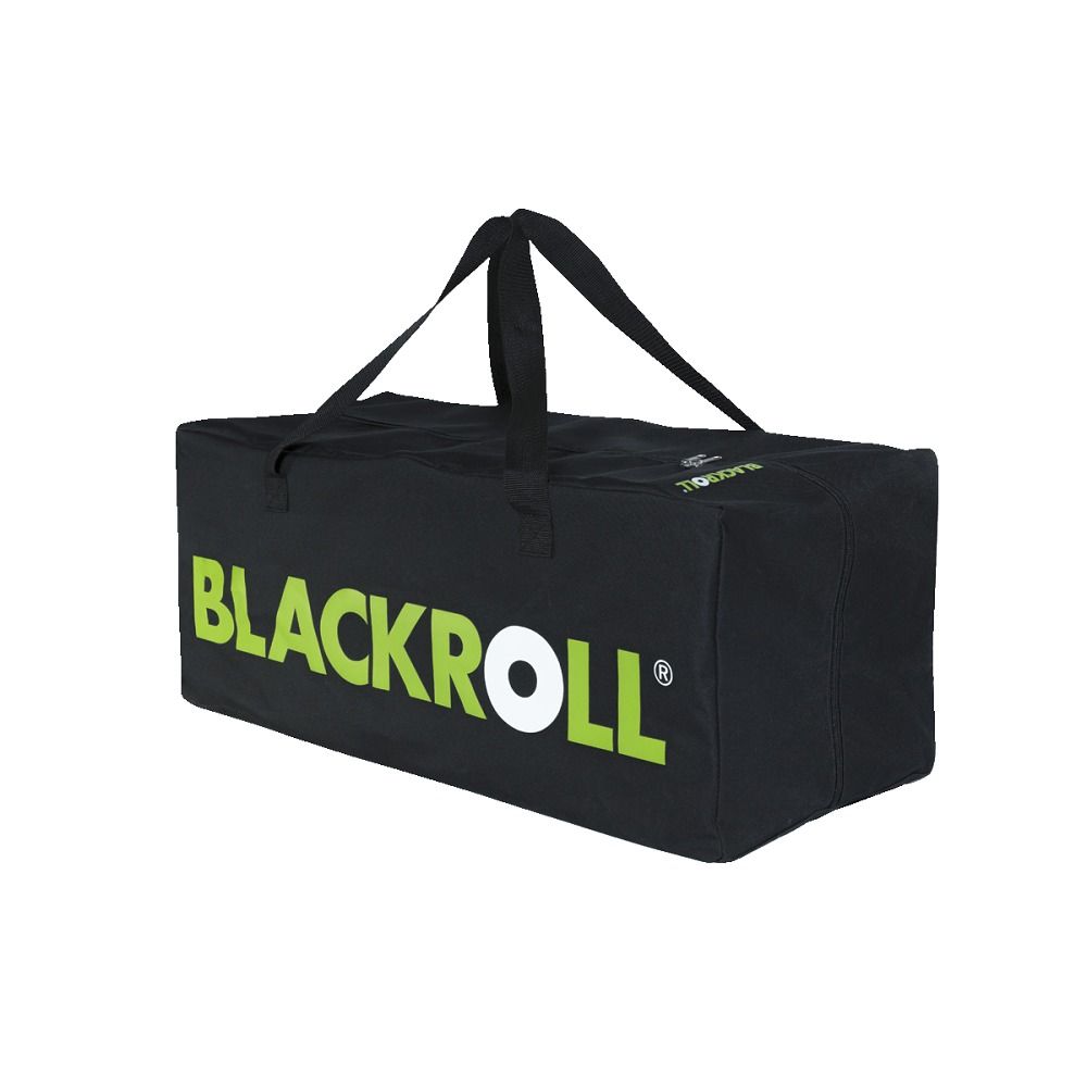 Schwarze Tasche mit grünem Logo. Rechteckige Form, Tragegriffe. Aufschrift: BLACKROLL.