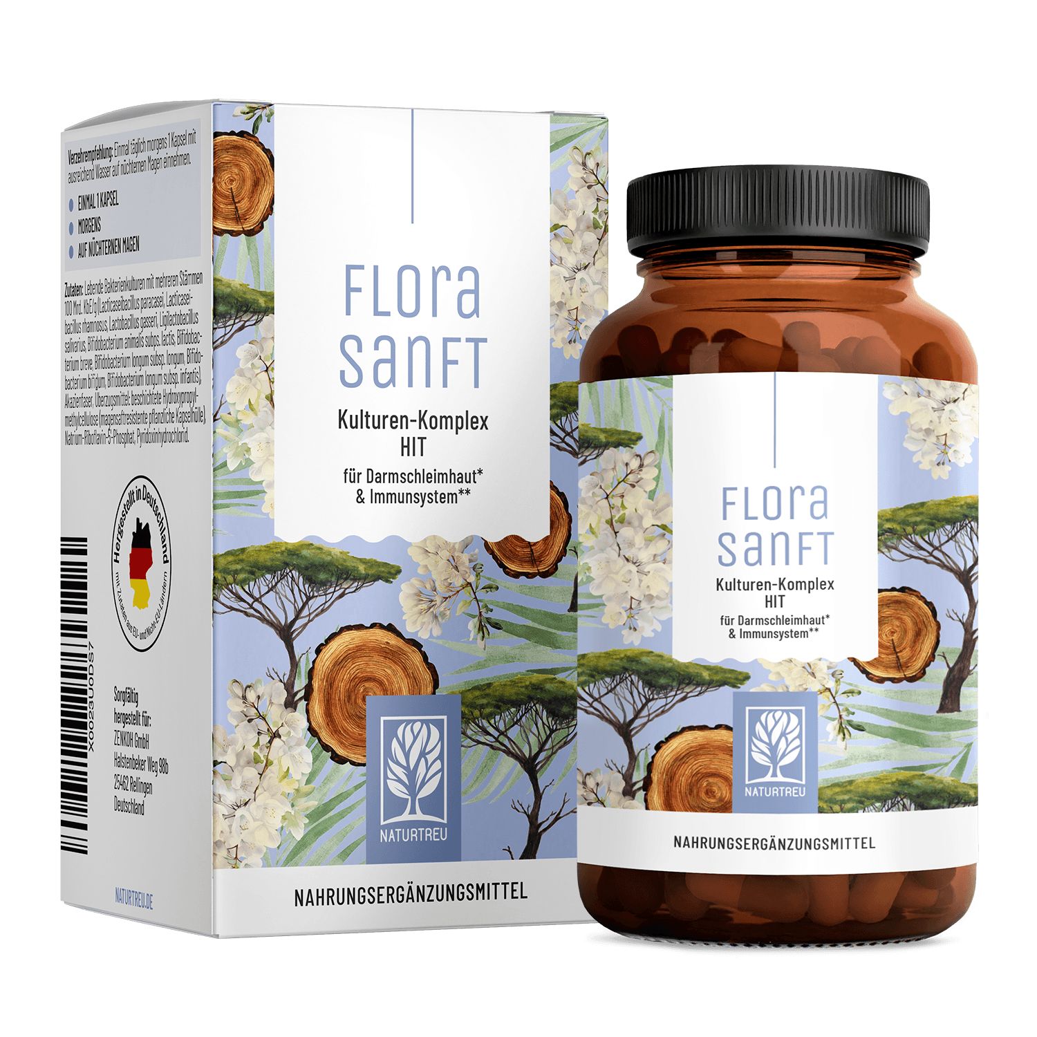 FLORASANFT Kulturen-Komplex HIT: Flasche und Karton mit Naturmotiven.