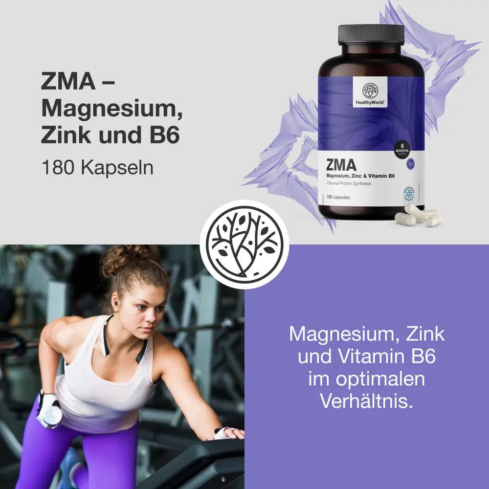 Werbung mit Flasche ZMA, Frau im Fitnessstudio. Text: ZMA - Magnesium, Zink und B6, 180 Kapseln. Logo HealthyWorld. Text: Magnesium, Zink und Vitamin B6.