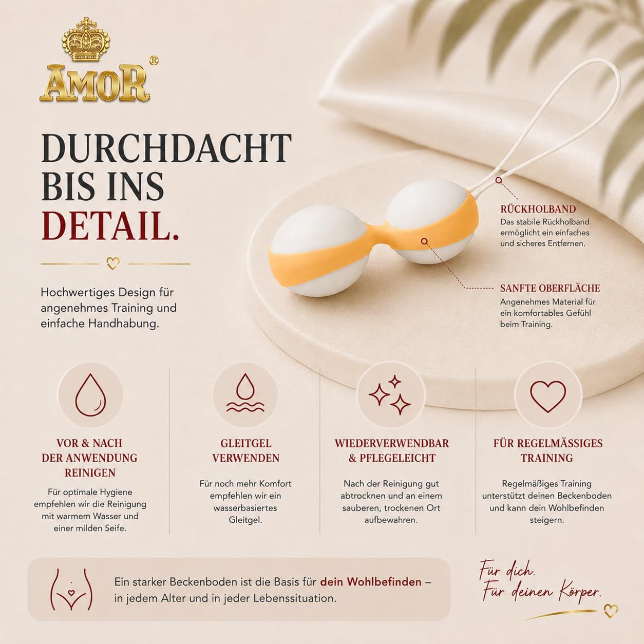 Duo-Ball-Beckenbodentrainer in Weiß und Orange, mit Text und Grafiken.