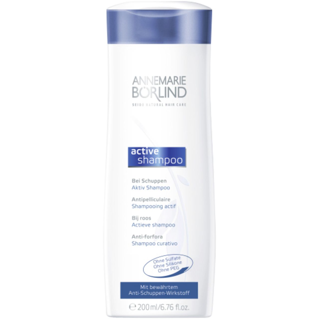 Weiße Flasche mit blauem Deckel. Aufschrift: ANNEMARIE BÖRLIND, active shampoo. Text in mehreren Sprachen. Ohne Sulfate, Silikone, PEG.