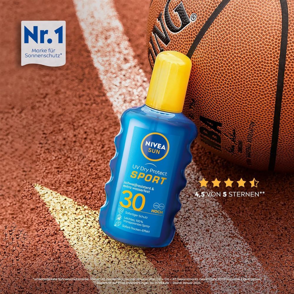 Blaue Flasche mit gelbem Deckel. Aufschrift NIVEA SUN UV Dry Protect Sport LSF 30. Auf Basketballplatz. 4,5 von 5 Sternen.