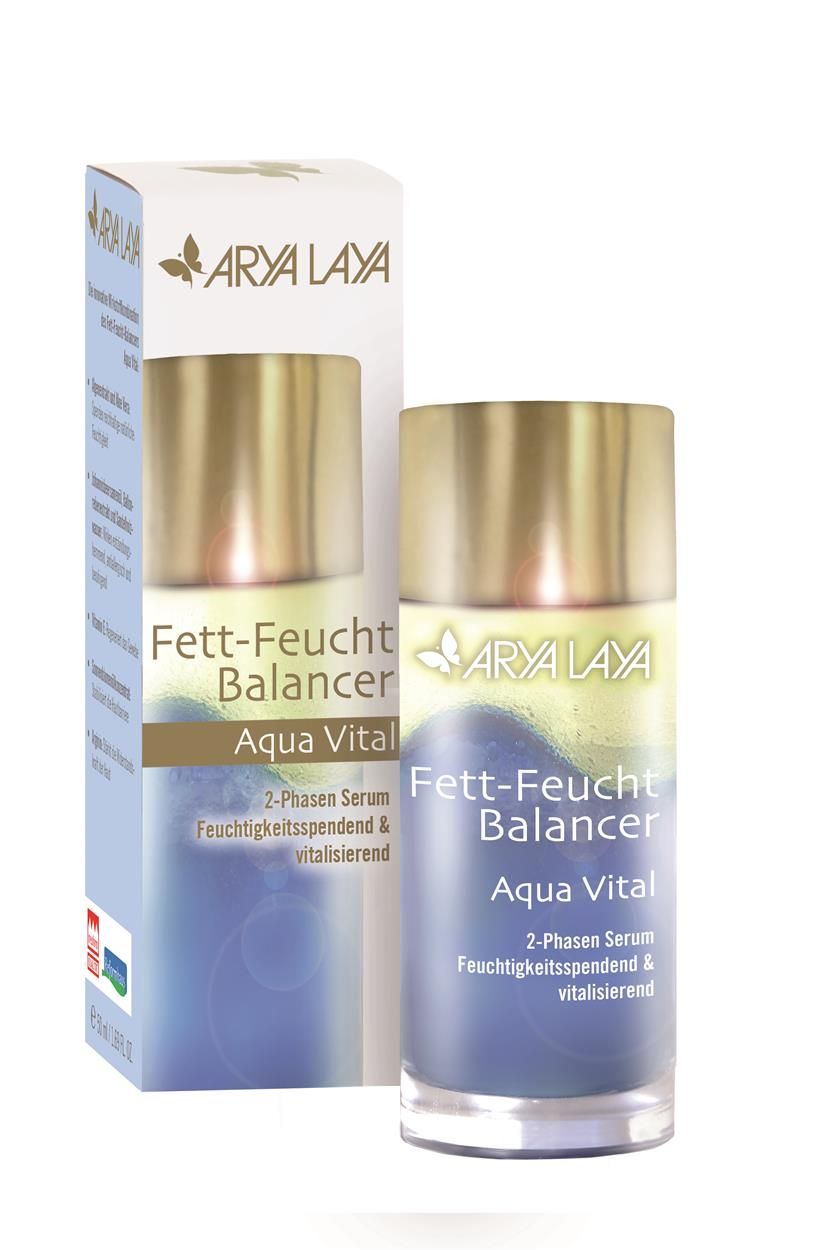 Produktverpackung mit Serumflasche. Aufschrift: Arya Laya Fett-Feucht Balancer Aqua Vital. 2-Phasen Serum, feuchtigkeitsspendend & vitalisierend.