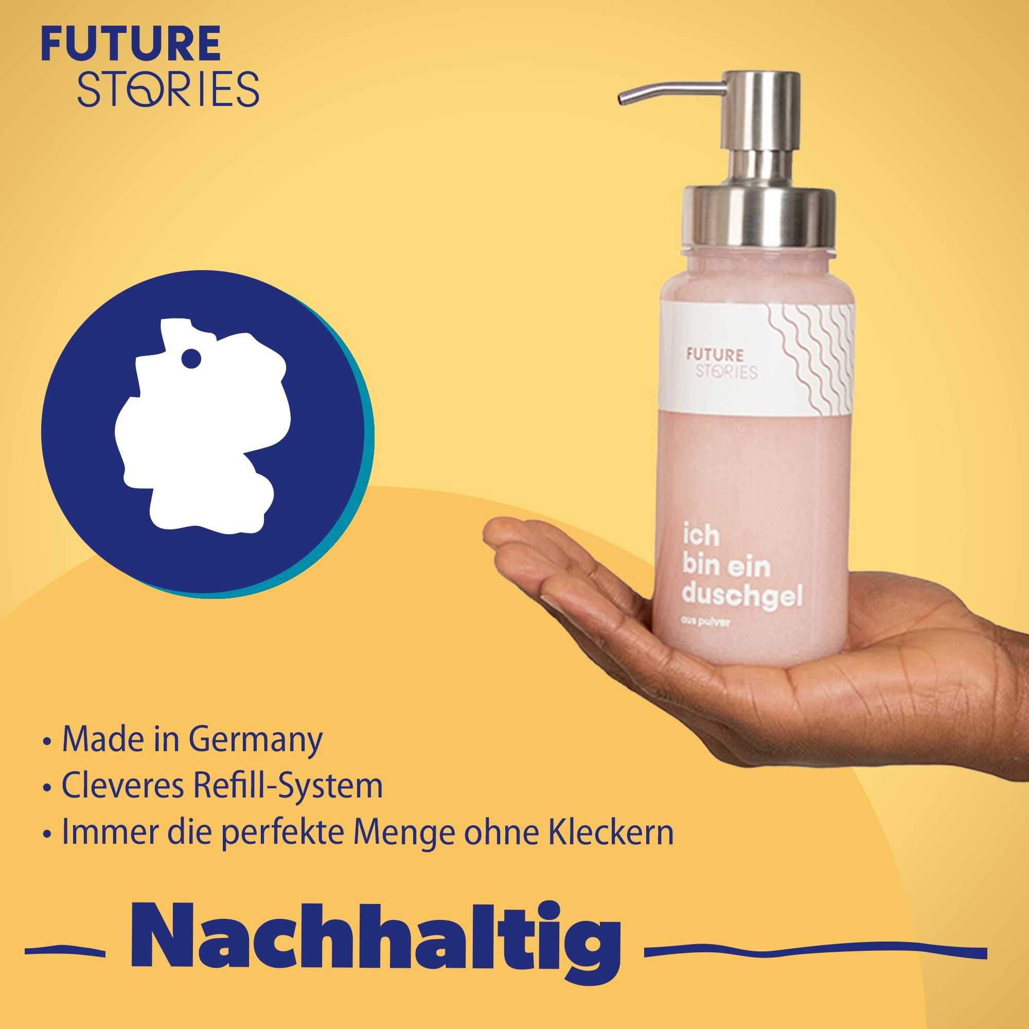 Flasche mit rosa Duschgel in Hand. Logo: FUTURE STORIES. Text: Made in Germany, Cleveres Refill-System, Immer die perfekte Menge.
