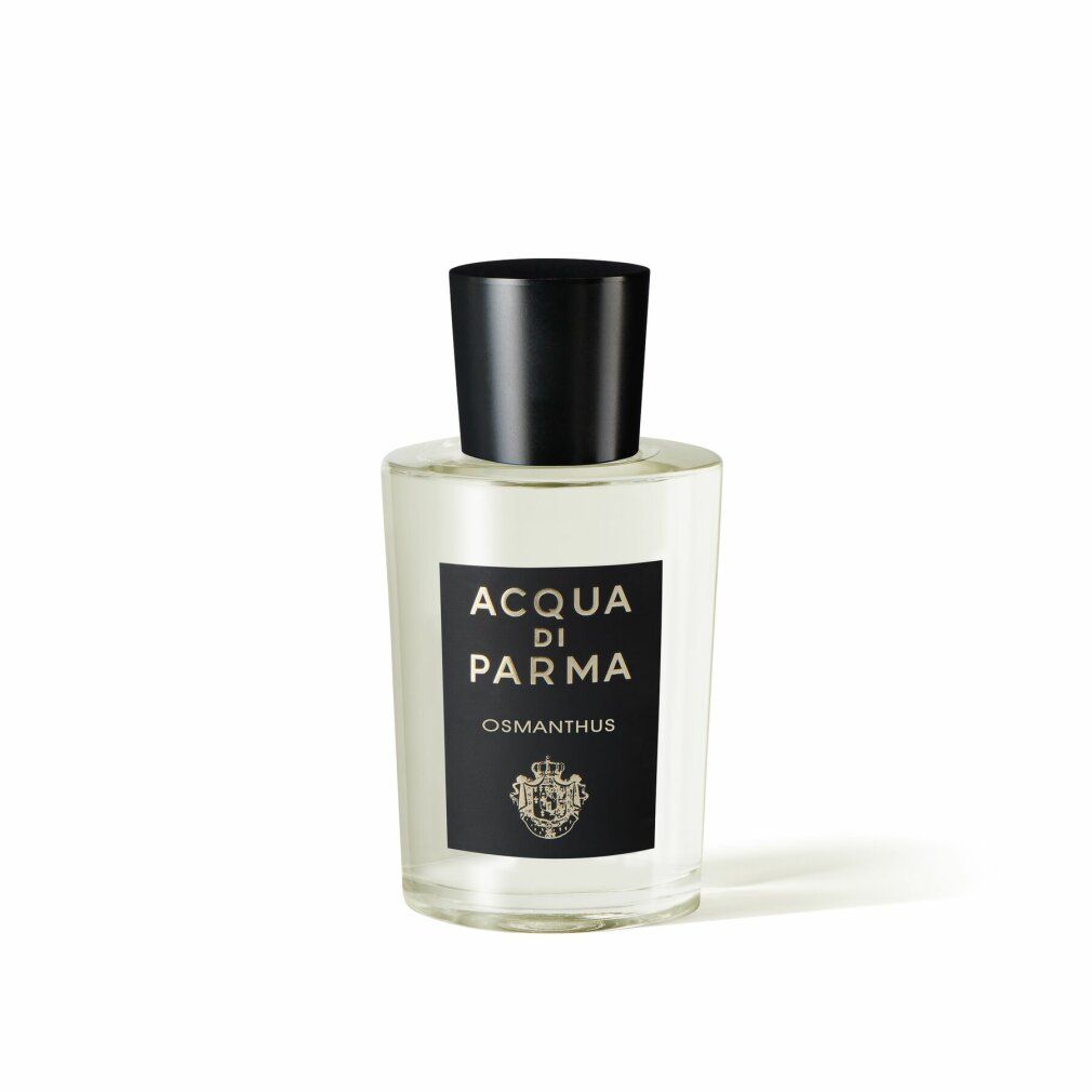 Quadratische Glasflasche mit schwarzem Verschluss. Aufschrift: Acqua di Parma Osmanthus. Helles Parfum.