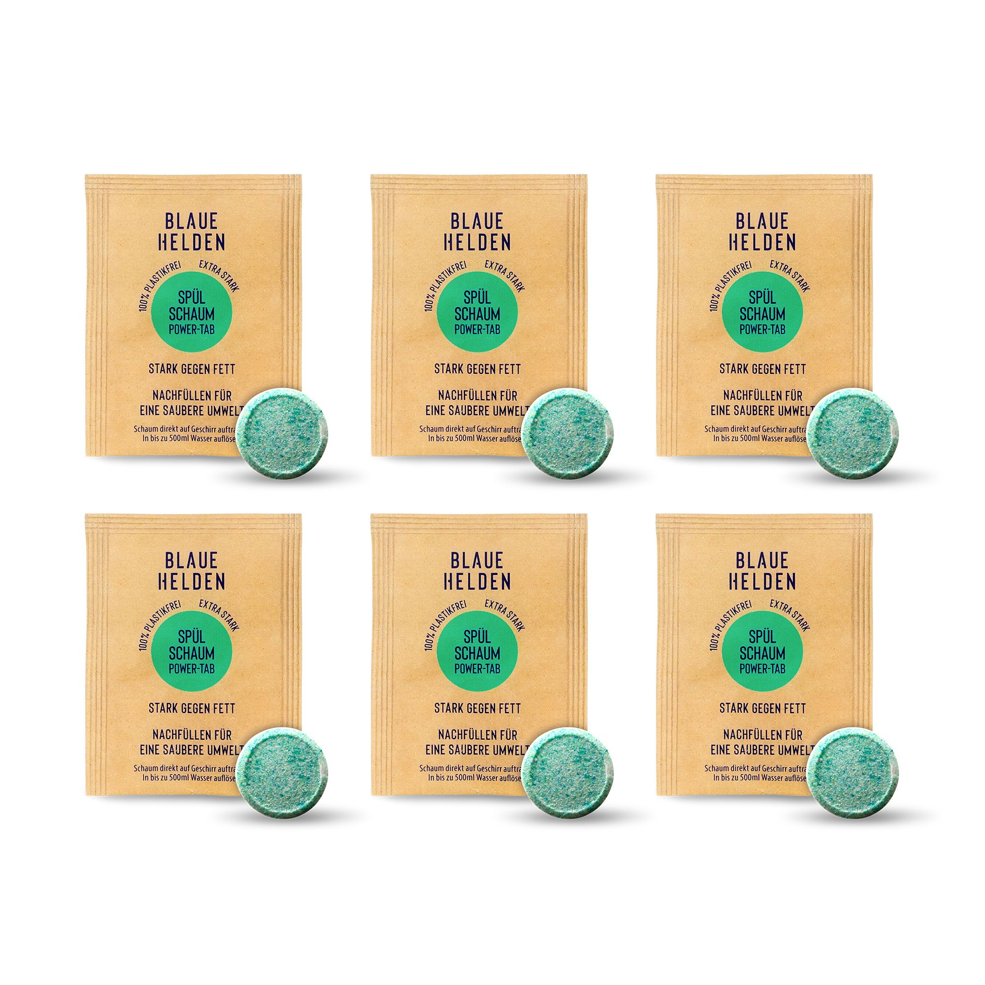 Sechs Packungen Spülschaum-Tabs mit grünen Tabs und braunen Verpackungen. Aufschrift: Blaue Helden, Spülschaum Power Duo.