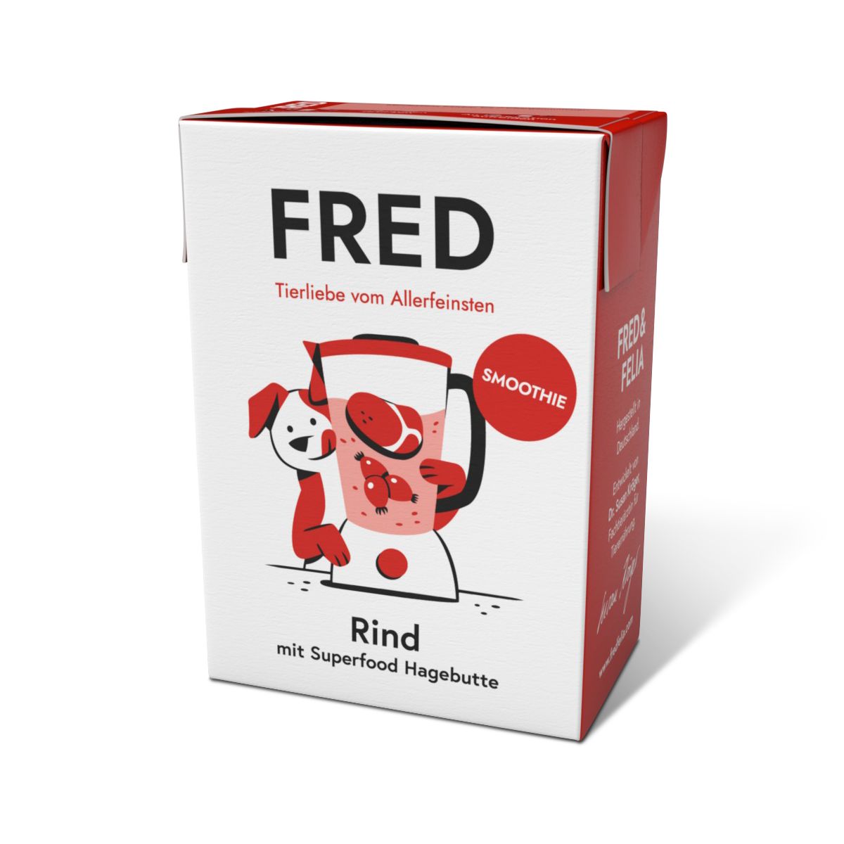 FRED Smoothie Rind-Verpackung. Weißer Karton mit roter Schrift und Illustration. Enthält Hagebutte. Smoothie-Bezeichnung.