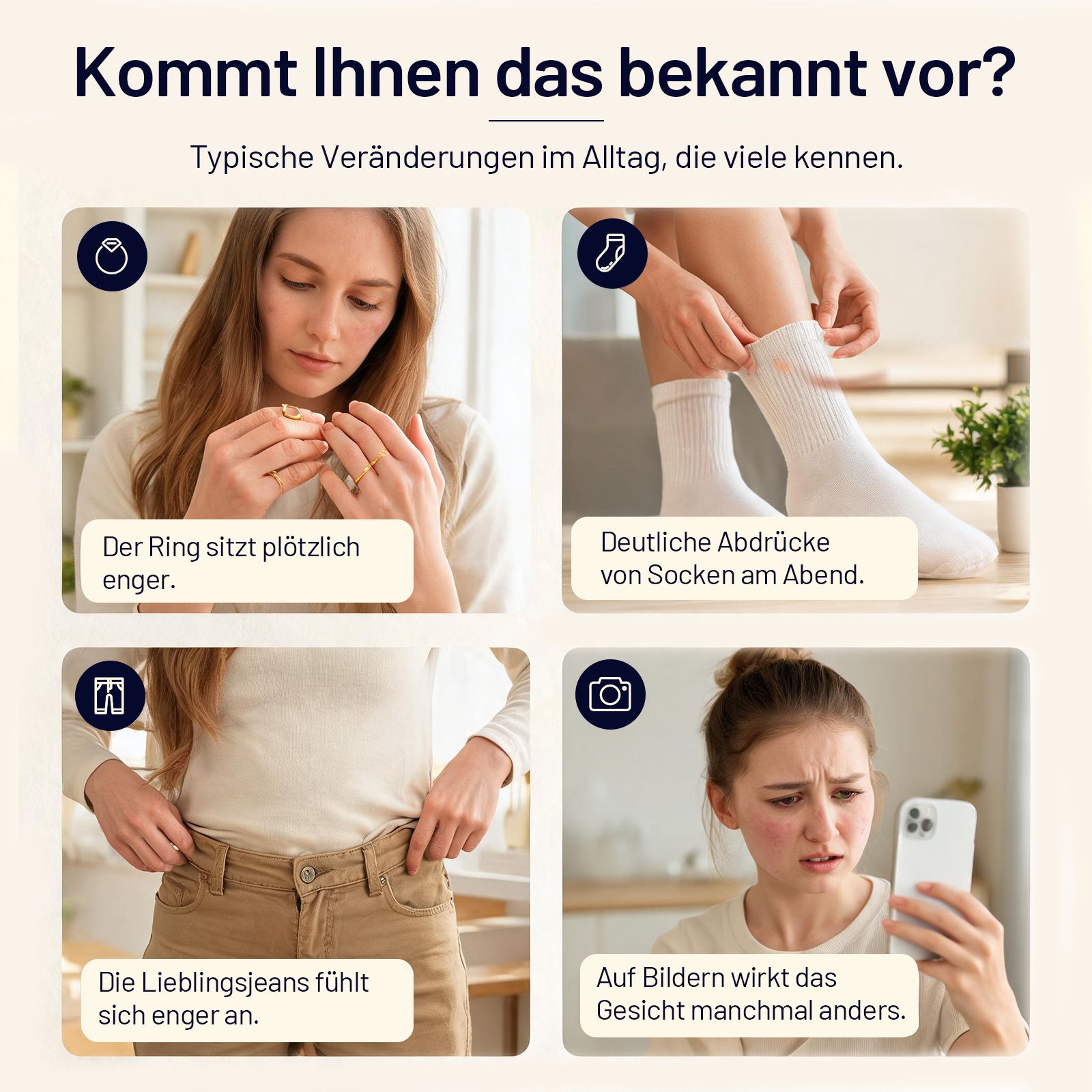 SonneSee Wasser Balance: Ring sitzt enger, deutliche Abdrücke von Socken, Lieblingsjeans enger, Gesicht wirkt anders.