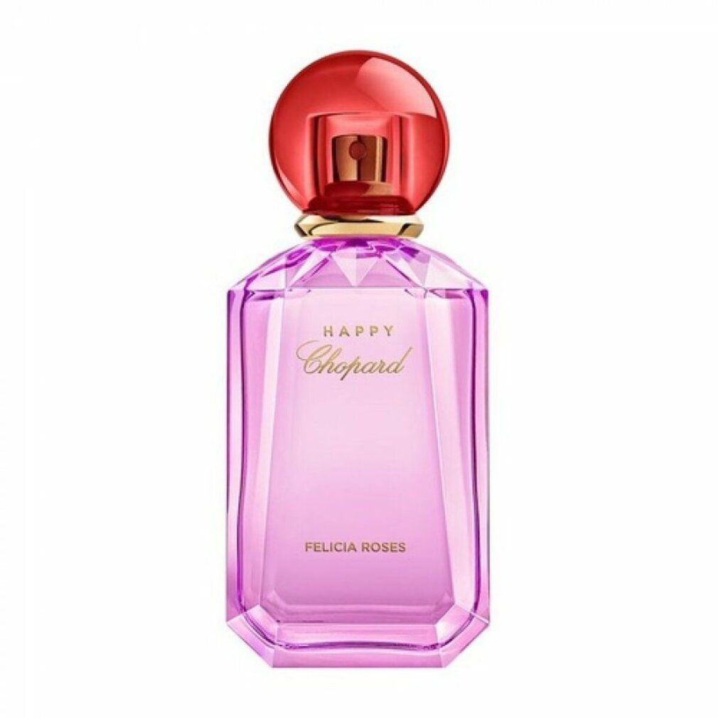 Rosa Flakon mit rotem Deckel. Goldfarbene Schriftzüge: Happy Chopard, Felicia Roses. Eckige Form mit Facetten.