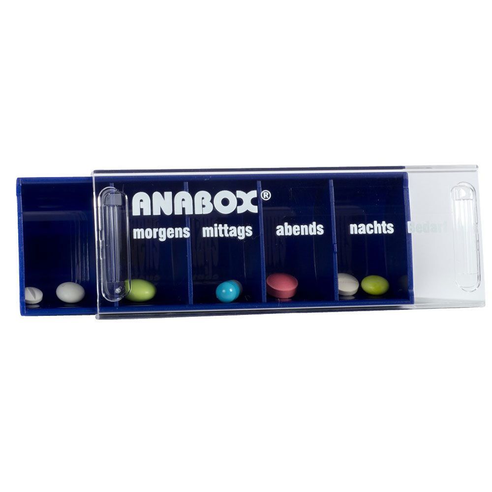 ANABOX® Tagesbox blau, geöffnet. Blaue Box mit 4 Fächern, beschriftet mit 'morgens', 'mittags', 'abends', 'nachts'. Enthält Tabletten.